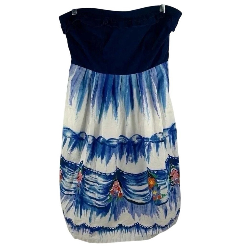 Anthropologie Strapless Blue and White Watercolor Print Dress